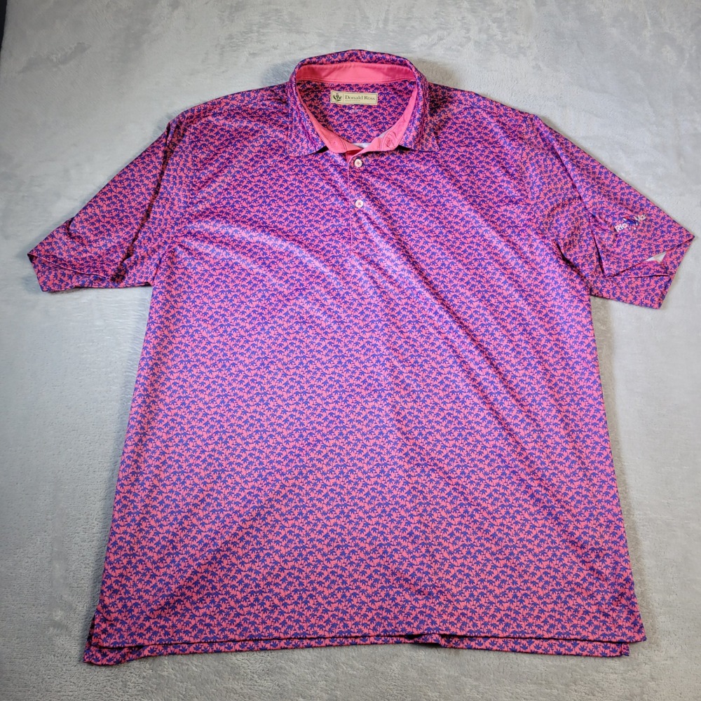 Donald Ross Polo Shirt Mens XL Pink Blue Palm Tree Rio Mar Logo Performance Golf